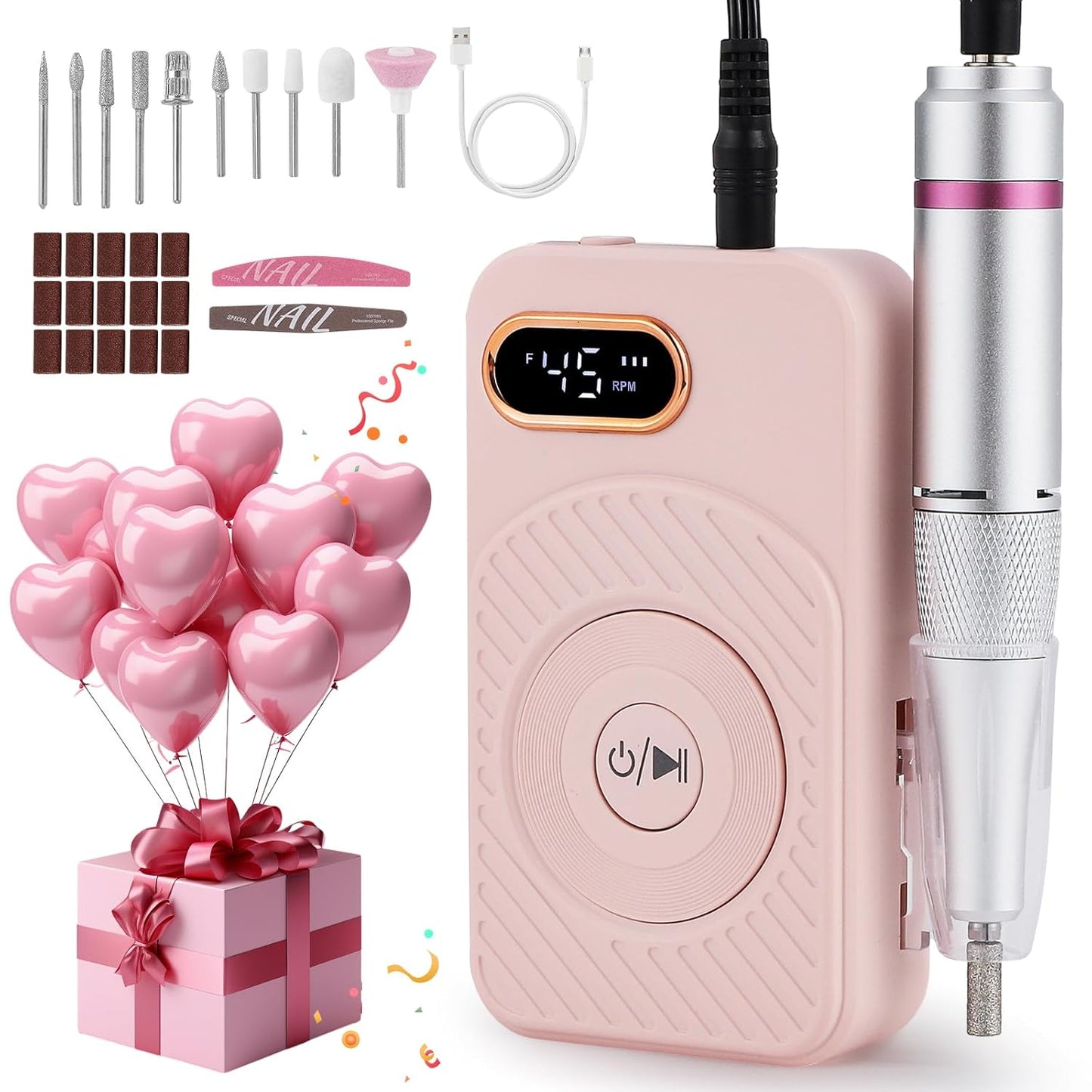 BAOSHISHAN Electric Nail Drill Kit, Rechargeable 45000RPM Nail Drills Professional with 10 Nail Drill Bits and 15 Sanding Bands, Cordless Efile for DIY Home Salon
