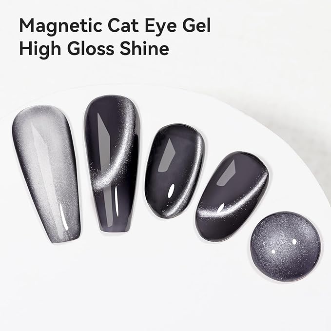 Cat Eye Gel Polish - Black, Glitter Magnetic Nail Polish Moonlight, Cateye Polish With Magnet Stick Holographic Shimmer Cateye Effect, UV Velvet Gel Nail Art Manicure Salon DIY Home, 12ML