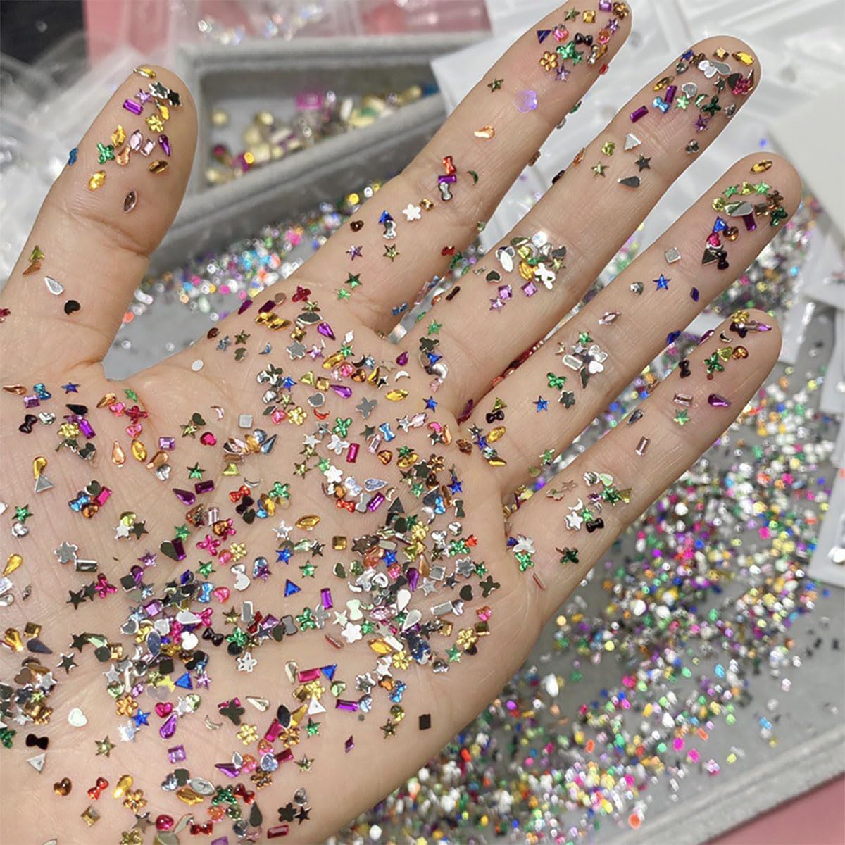 3000Pcs Colour Nail Charms 3D French Petite Nail Rhinestones Colorful Nail Gems Multi Shape Crystal Exquisite Mini Heart Star Glitter Nail Art Charms Cute Nail Supplies Decoration for Women Acrylic