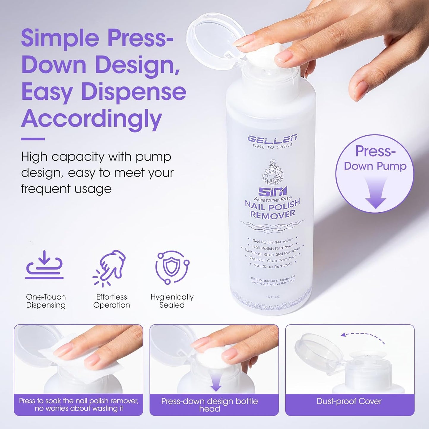 Gellen Non Acetone Nail Polish Remover | Nail Polish Remover Pump Enriched with Jojoba Oil Castor Oil | Soak off Gel Polish Remover for Nails | Frequent Usage at Home Diy Salon, 16 Fl Oz