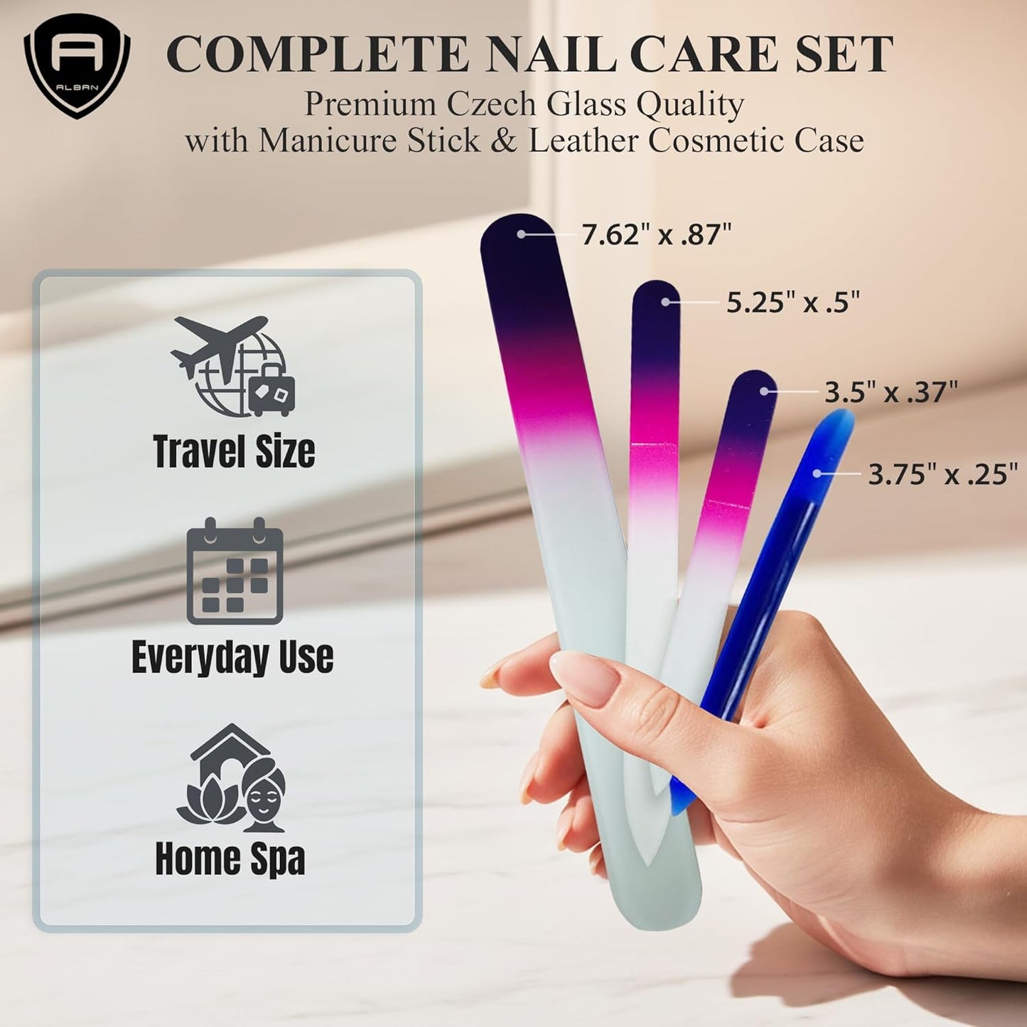 Alban Czech Glass Nail File Parent (Purple & Pink & Royal Manicure, 5, Count, 180/240 Grit)