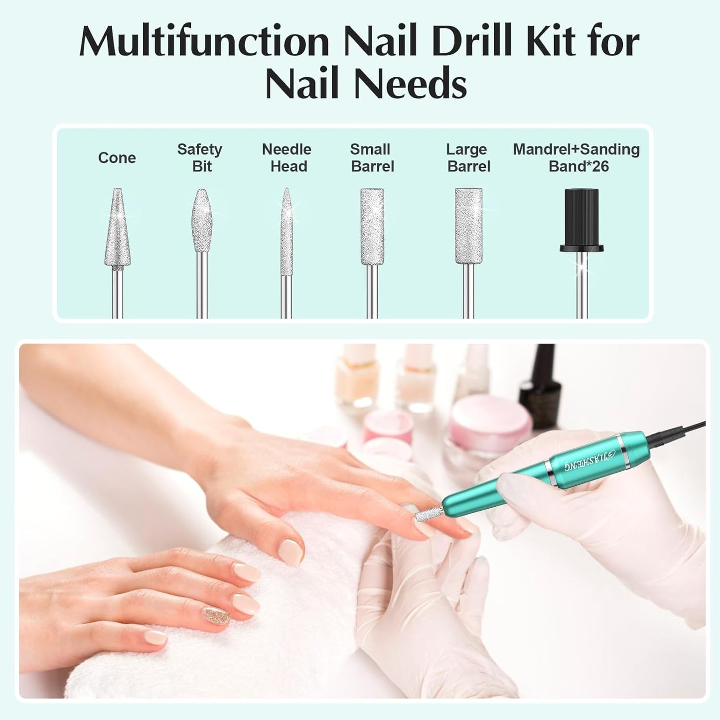 JIASHENG USB Electric Nail Drill, Portable Electric Nail File for Acrylic Gel Nails, Professional Drill Nail Kit Manicure and Pedicure Kit with Drill Bits for Home and Salon Use, Green