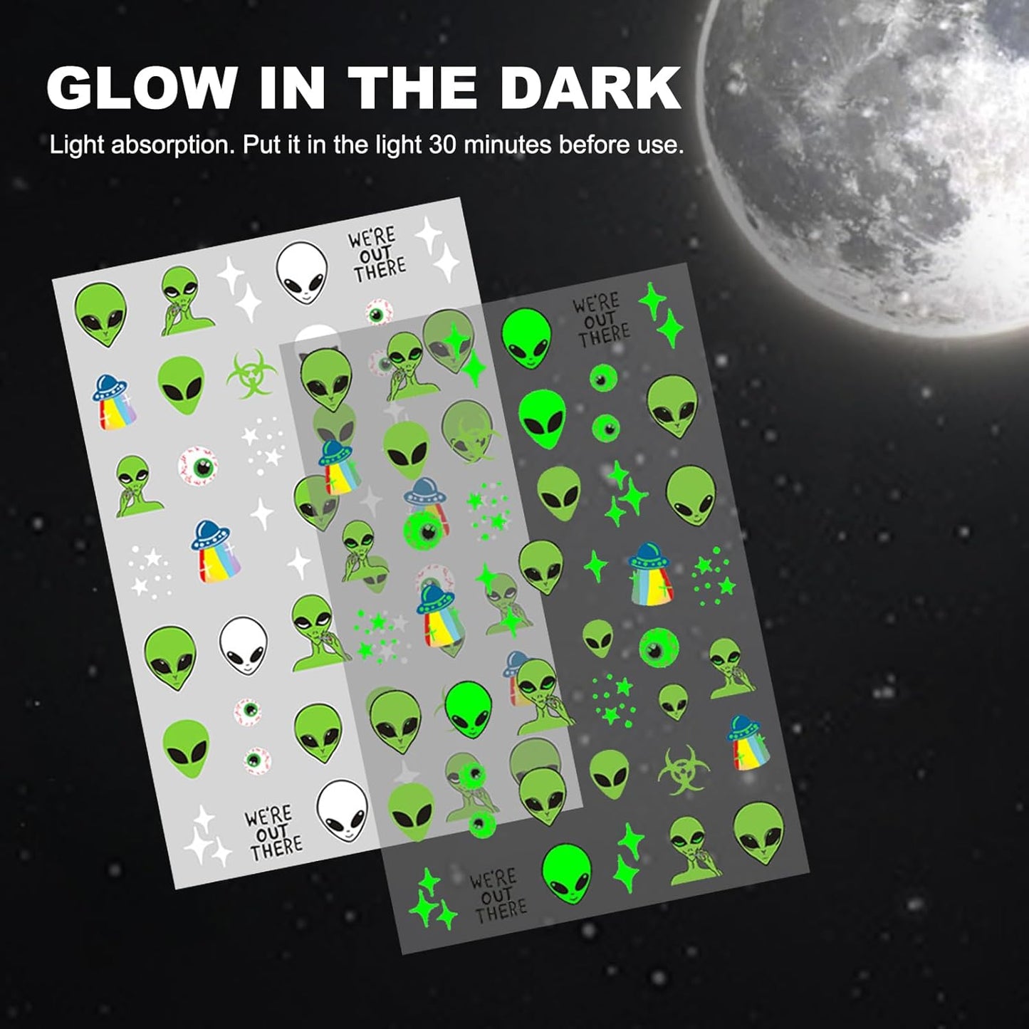 Alien Nail Art Stickers - Glow in The Dark ET UFO Astronaut Rocket Design Self-Adhesive Nail Decals for DIY Extraterrestrial Space Moon Star Manicure (6 Sheets)