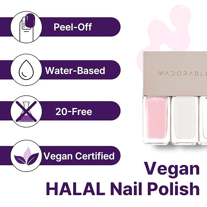 Breathable Halal Vegan Nail Polish – Water-Based 3pc Gift Set (English Rose Pink + Soft White + Clear Top Coat) | Non-Toxic, Eco-Friendly, Cruelty-Free, 0.51 fl oz