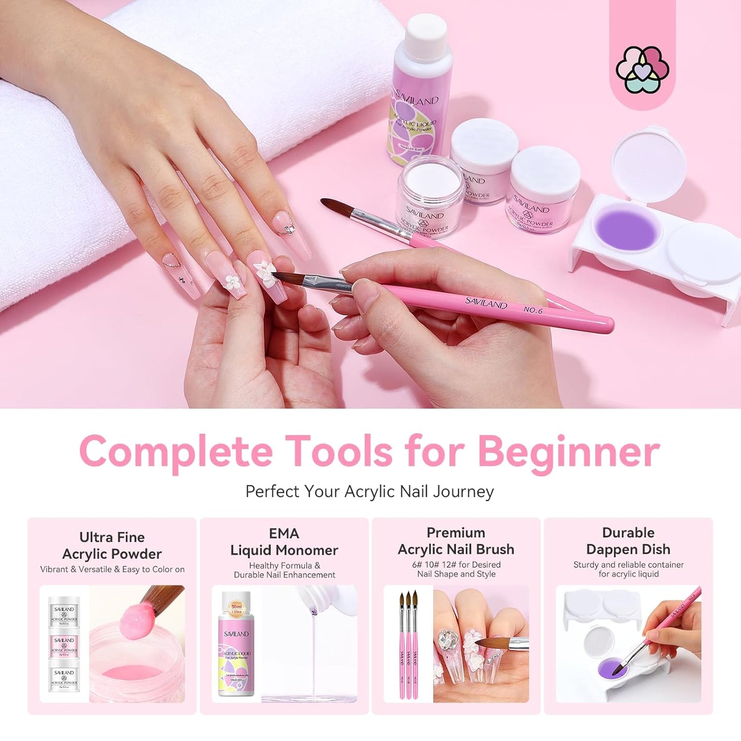 Saviland Acrylic Nail Kit for Beginners Practice: Keratin Acrylic Powder Monomer Liquid Brush Clippers Nail Lamp Complete Tools Everything 100 Nail Tips Home Starters
