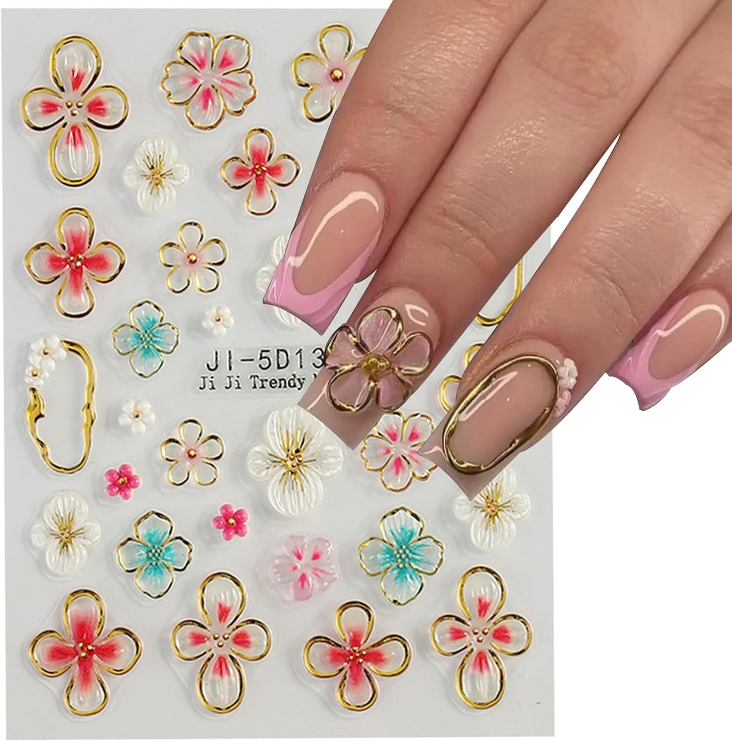4 Sheets Flower Nail Stickers for Nail Art,5D Embossed Hibiscus Nail Decals Pink White Lily Hibiscus Tropical Floral Summer Spring Flower Nail Art Supplies for Women Girls Nail Decoration
