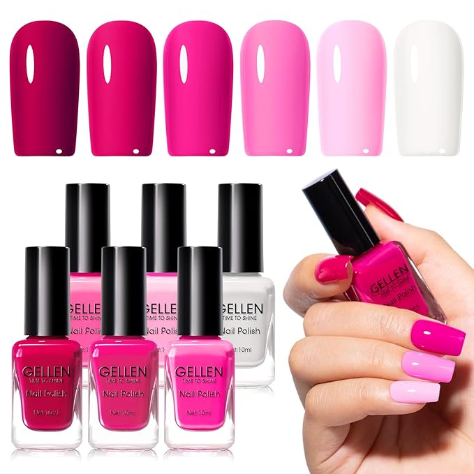 GELLEN Hot Pink Nail Polish, Pinkish Purple Natural Traditional Regular Nail Polish Quick Air Dry 6-Set For Acrylic Natural Nails Toes Home Salon, Non UV Gel, Chip Resistant, Hema Free, Toxin Free