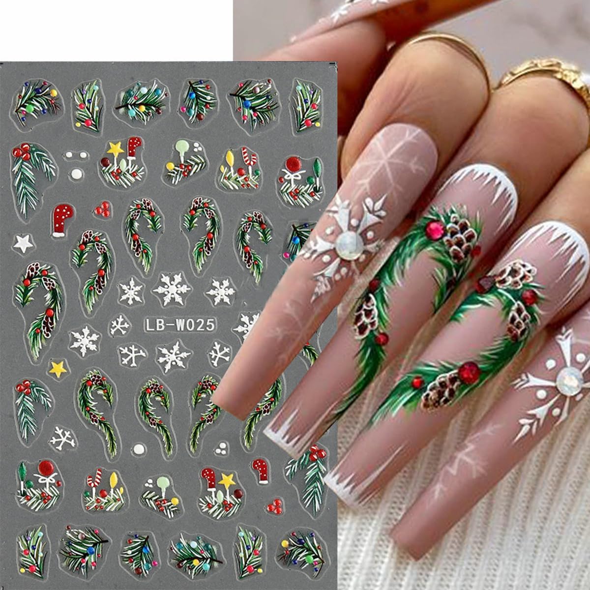 4 Sheets Christmas Nail Stickers 5D Embossed Holly Leaf Nail Decals Christmas Tree Pine Leaves Snowflake Design Self Adhesive Nail Supplies Winter Xmas Nail Art Stickers for Women DIY Nail Decoration