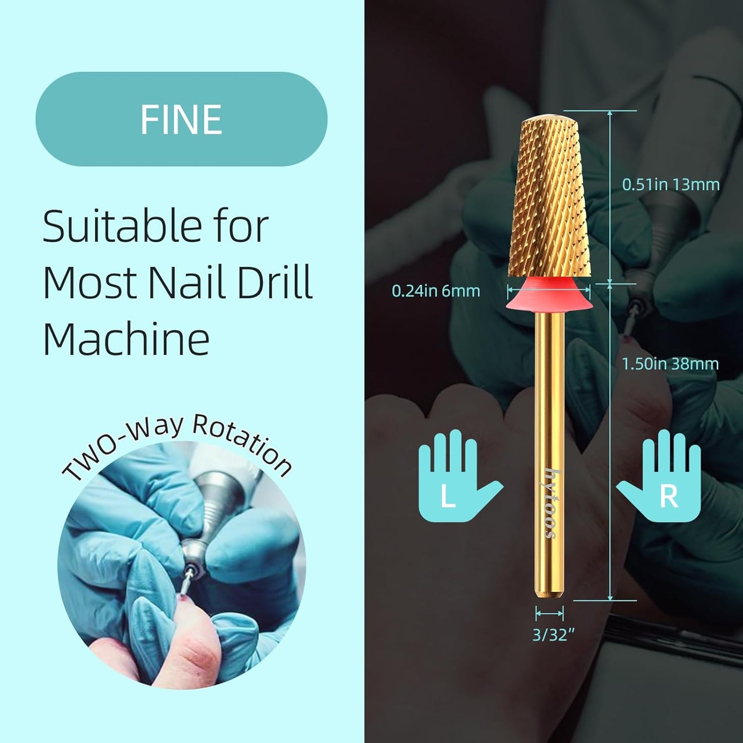 Fine Safety Tapered Nail Drill Bits,Titanium Coating Rounded Top Barrel Carbide Nail Bits, 3/32 Two-way Rotate, Manicure Nails Art Accessories Soft Gel Remover (F, titanium)