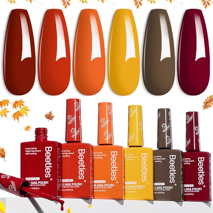 Beetles Orange Gel Nail Polish Set 6 Colors Burgundy Brown Dark Red Yellow Light Orange Fall Gel Polish Kit Soak Off UV LED Hema Free DIY Home Salon Gift for Women Autumn Dusk