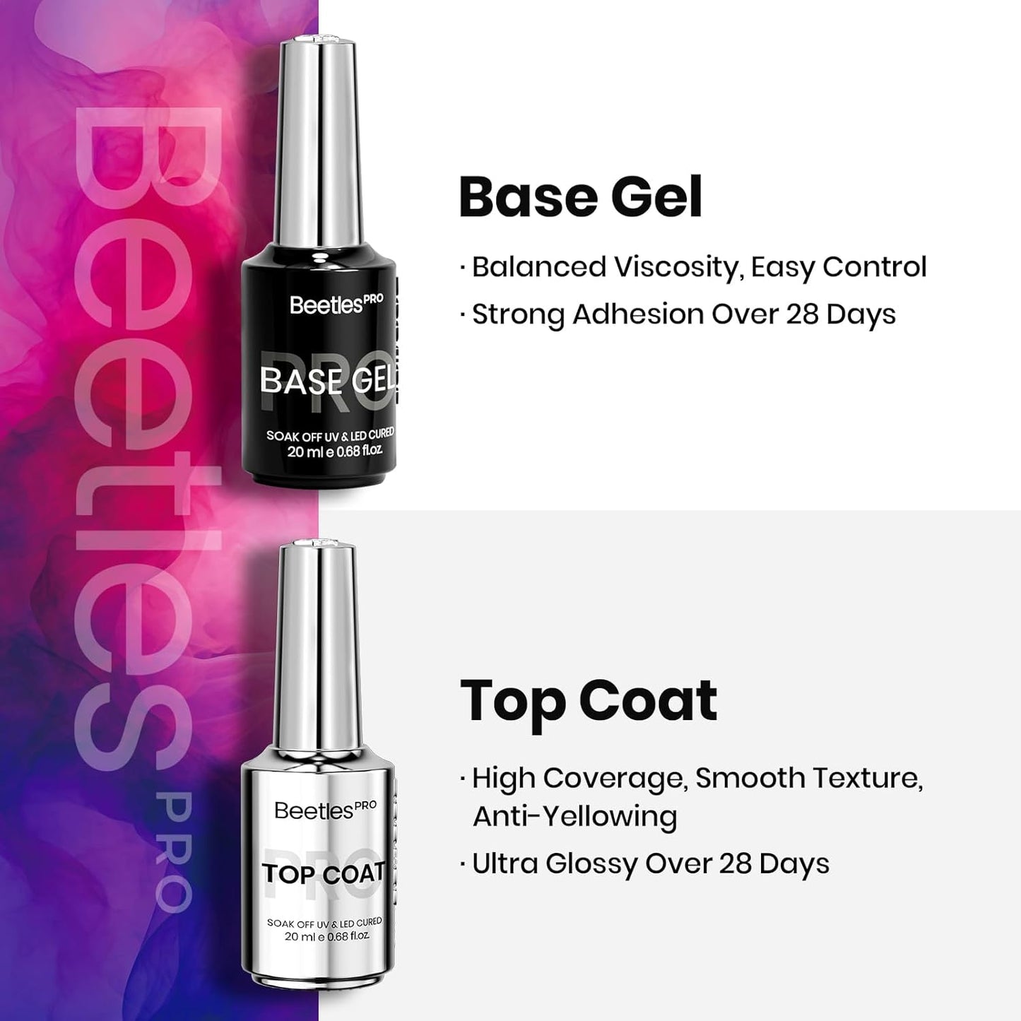 Beetles Pro Gel Top Coat and Base Gel Nail Polish, 20ml Upgraded Super Shine Finish and Long Lasting for 28 Days, Soak Off LED Nail Lamp Finish Nail Art Design Manicure for Salon