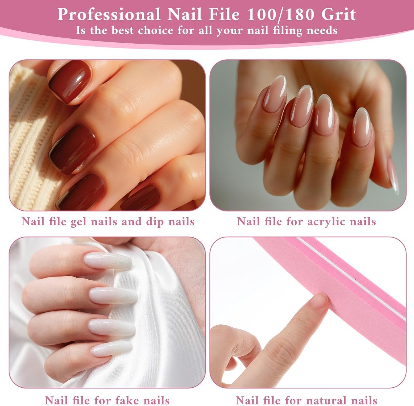 100 Pack Nail Buffers 100/180 Grit Heavy Duty Nail Files for Women Washable Double Sided Nails Sanding Block File for Acrylic Natural Gel Nails, Pink