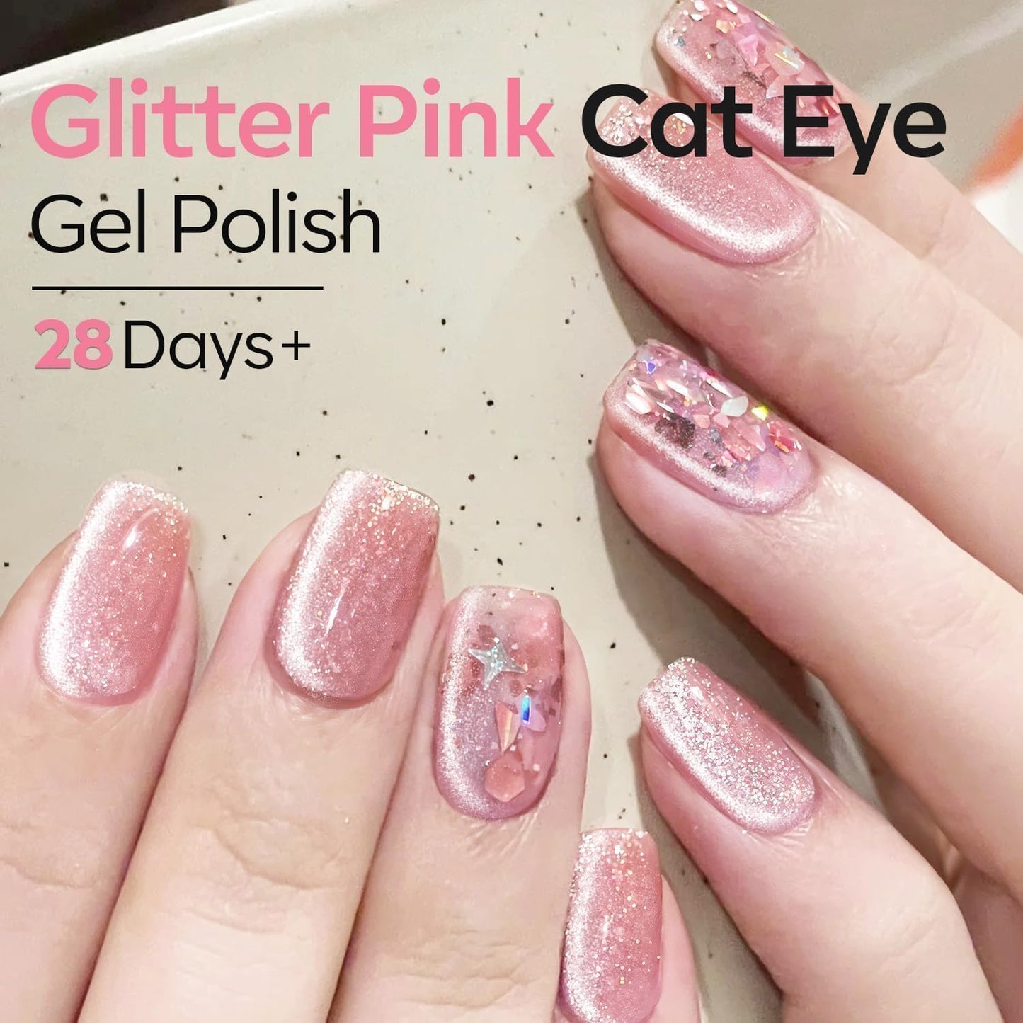 modelones Cat Eye Gel Nail Polish, Pink Glassy 9D Cateye with Magnet Shimmer Soak Off Reflective Translucent Gel Magnetic Top Coat Nail Polish for Women Girl 15 ML