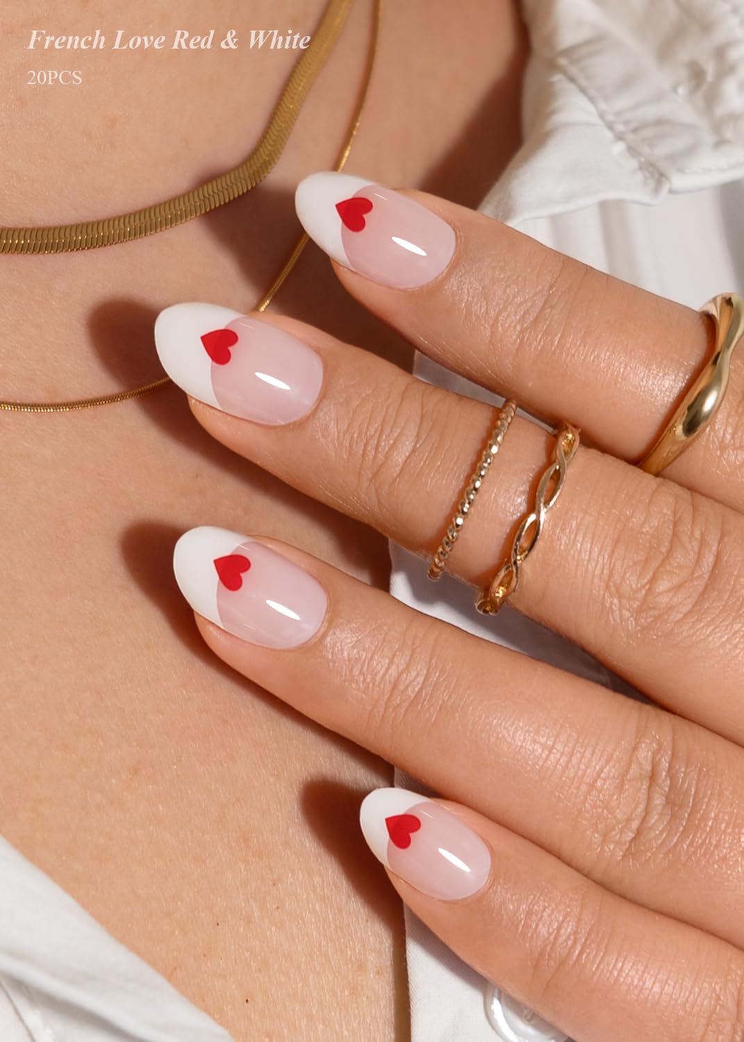 Semi Cured Gel Nail Strips (A White French Love), Red Love, 20 Pcs Gel Nail Wraps, Stickers, UV Light Required, Salon Quality, Long Lasting