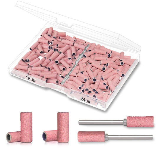 BLESWIN 200pcs #180#240 Grit Small Sanding Bands for Nail Drill with 2pcs 3/32’’ Upgrade Mandrels Bits, Mini Sanding Bands for Nail Drill for Manicure Nail Salon and Nail Enthusiasts Use – Pink