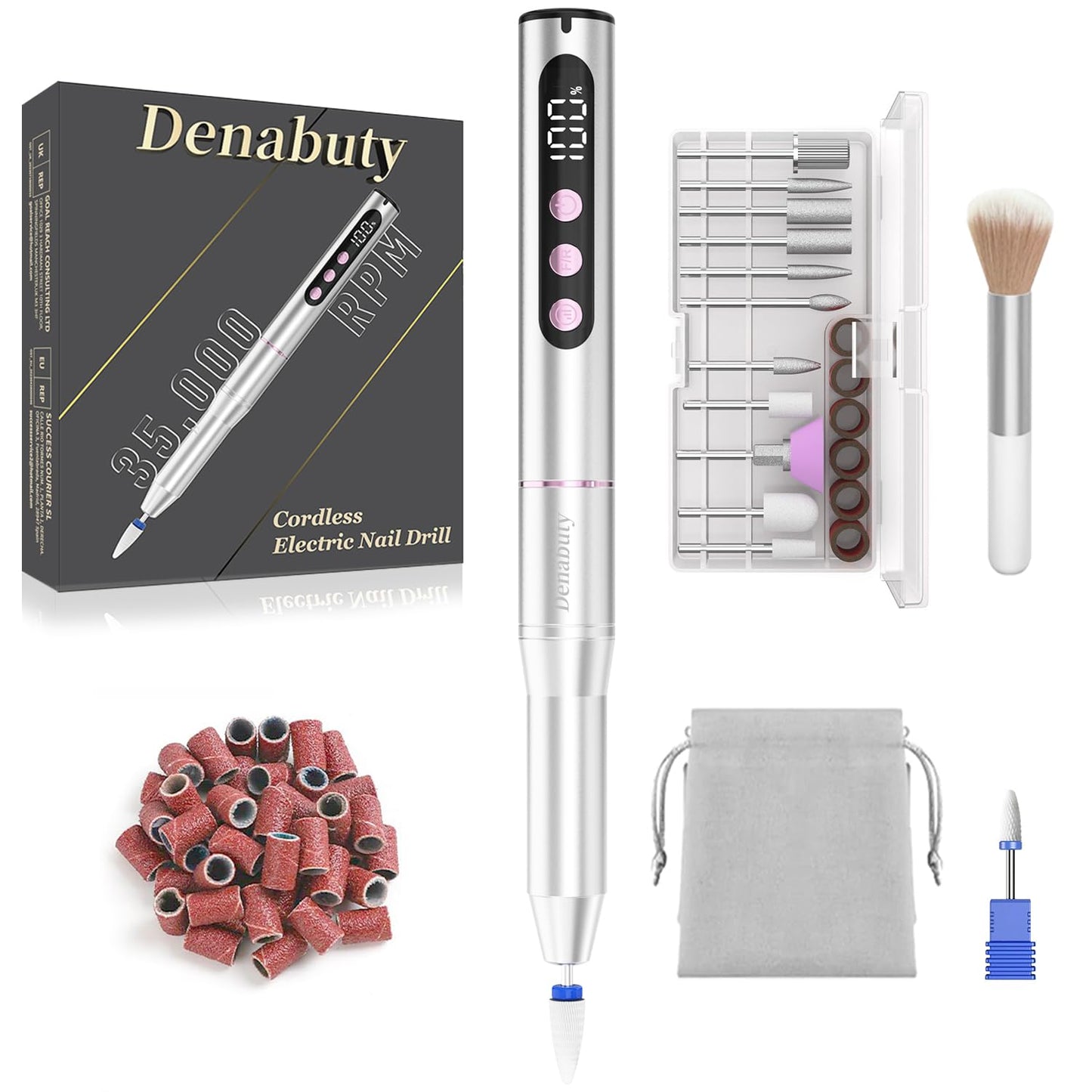Electric Nail Drill Cordless, 35000RPM Portable Electric Nail File with LCD Display and 12 Nail Drill Bits for Acrylic & Gel Nails, Professional Manicure & Pedicure Kit Set Silver