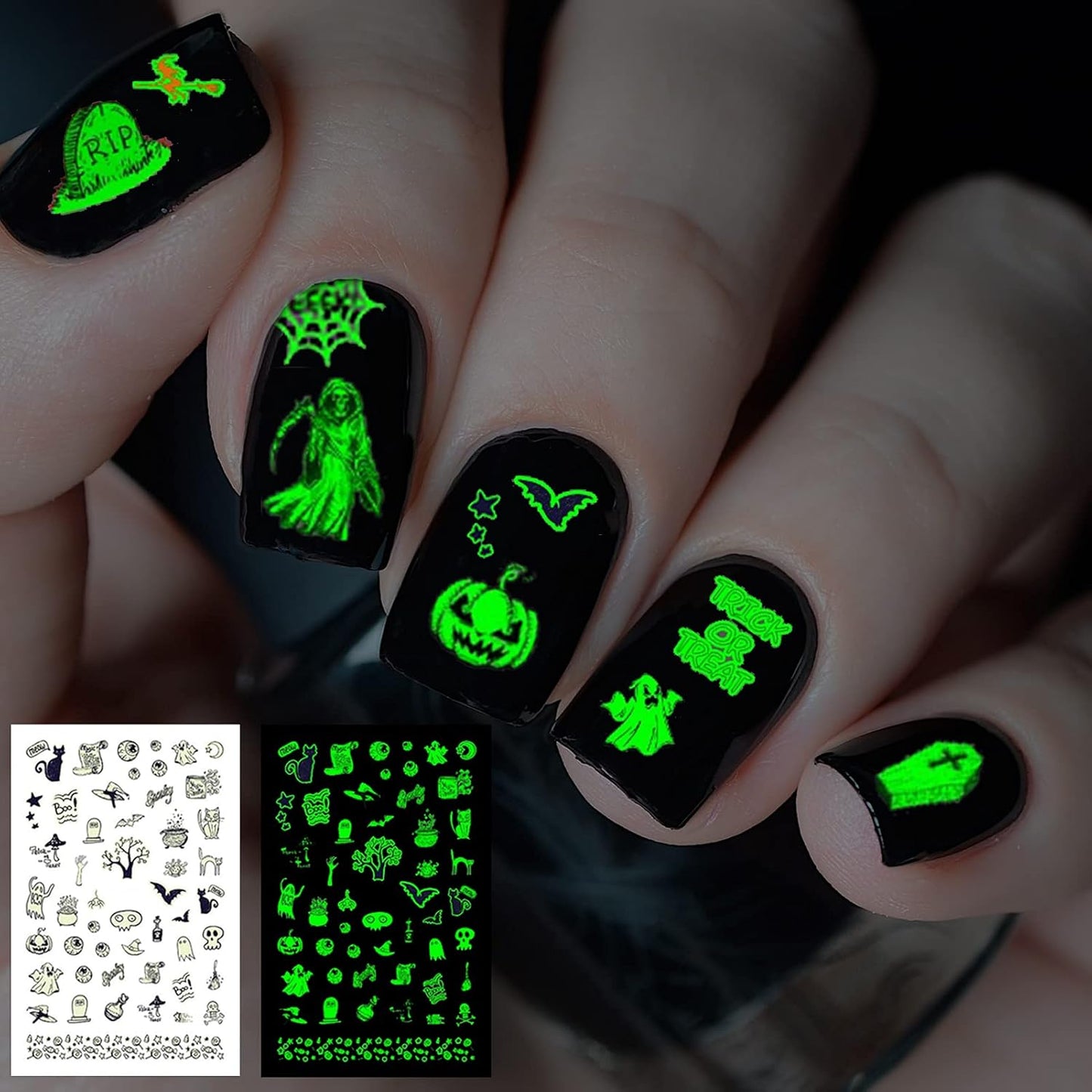 TailaiMei 10 Sheets Glow in The Dark Halloween Nail Stickers, Fluorescent Design Kids Nail Decals, Self-Adhesive DIY Nail Art Tips for Women Manicure