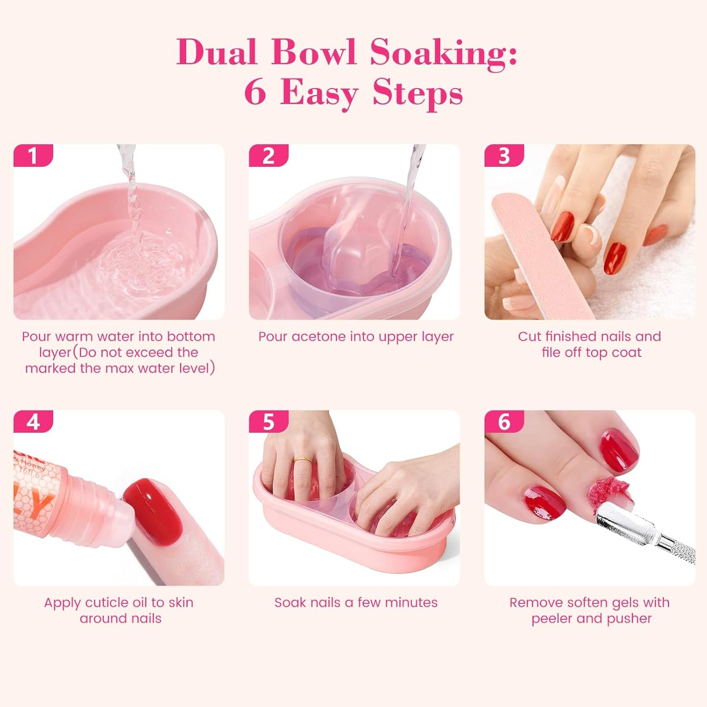 Dual Nail Soaking Bowl, Soak Off Gel Polish Remover Bowl for Home Users, Time Saver Manicure Bowl for Dip Powder/Gel/Acrylic Removal at Home & Salon, Pink
