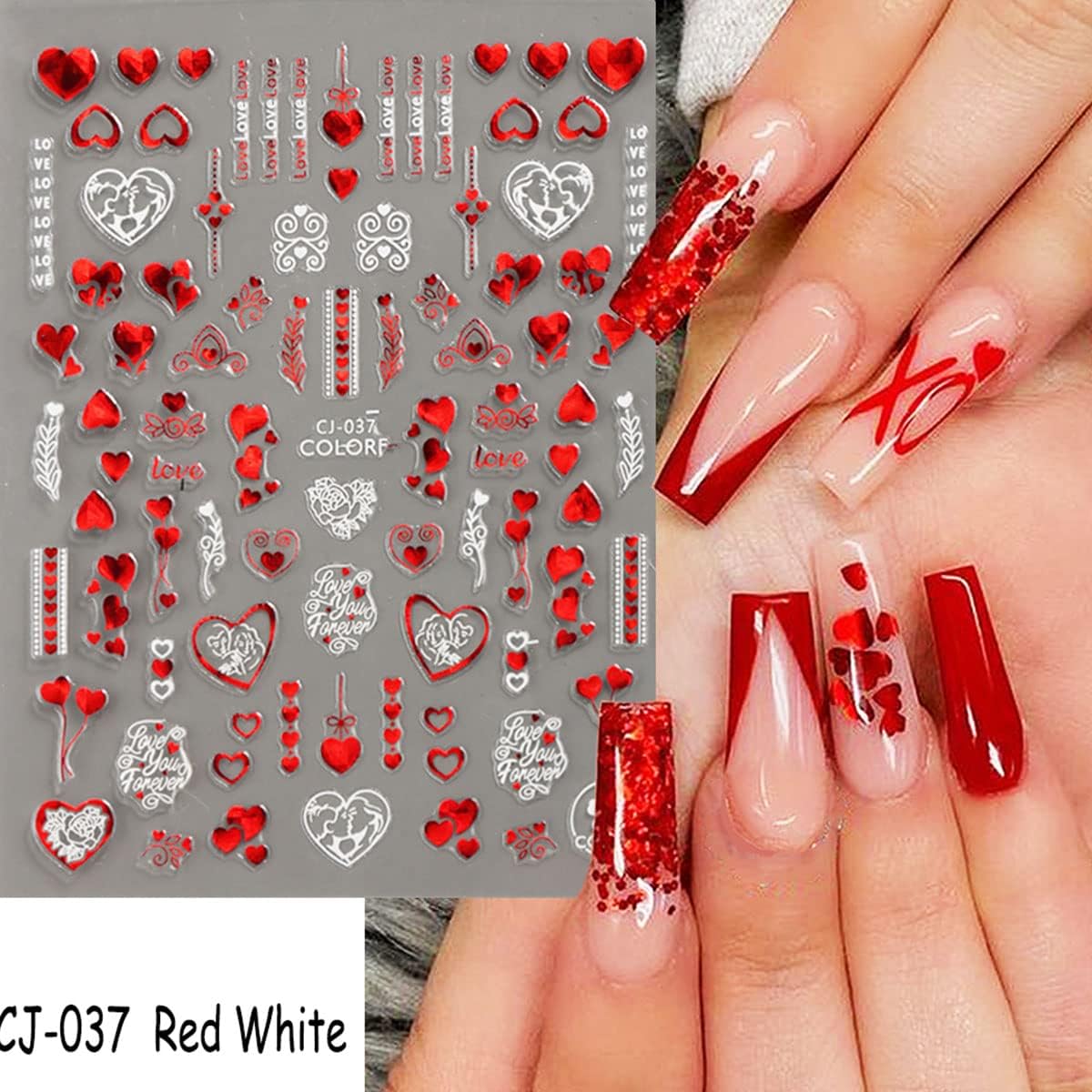 Valentines Day Nail Art Stickers Decal Red Heart Nail Sticker Valentines Nail Decorations 3D Self-Adhesive Red White Rose Love Heart Lip Nail Design for Acylic Nail Manicure Decor 6sheets