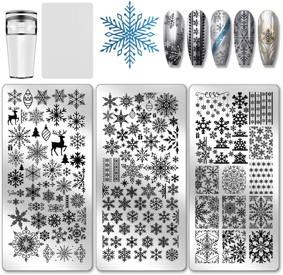 PH PandaHall 3pcs Snowflakes Pattern Nail Stamp Plate Christmas Theme Print Art Template Stainless Steel Winter Snowflake Nail Image Plate for Christmas Women Nails Decoration 4.7x2.3 inch
