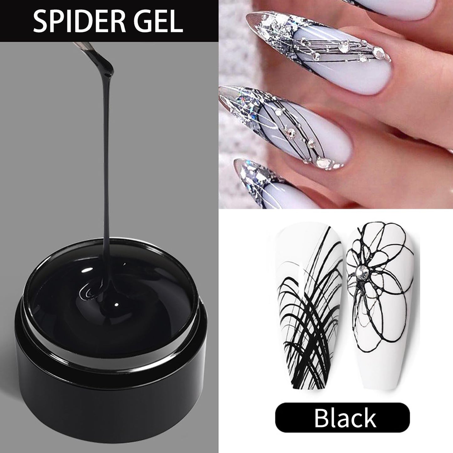 5g/0.18oz Spider Gel Kit for Nails, Spider Design for Art Wire Drawing Nail Gel for Line with Brushes for Nail Art (White Black Silvery)