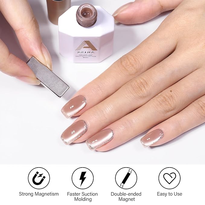 AILLSA Glass Cat Eye Gel Nail Polish, 15ml Nude Glitter Jelly Sheer Gel Polish, Translucent Magnetic Shimmer Sparkle Nail Art U V Salon 0.5 OZ GF38