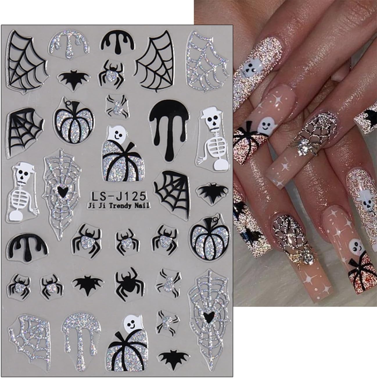 Silver Glitter Spider Nail Stickers,Halloween 3D Nail Decals Spiders Web Love Heart Glitter Flame Blood Drop Bat Star Moon Ghost Skull Design for Nail Art Halloween Supplies Manicure Decorations 6Pcs