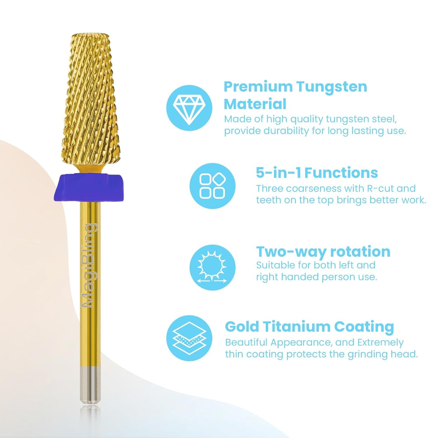 Professional 5 in 1 Tapered Nail Drill Bits, 3/32'' Safety Tungsten Carbide Bits, Remove Gel Fast Left & Right Hand Use, Easy for Beginner, Technicians Bits, Gold, Medium.