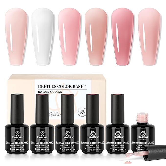 Beetles Rubber Base Builder Nail Gel Set - 6 Colors Nude Pink White Base Gel Polish 5 in 1 for Nail Extension, Repair and Sculpting, Soak Off U V LED Lamp Cure Manicure Art Design Gifts for Women