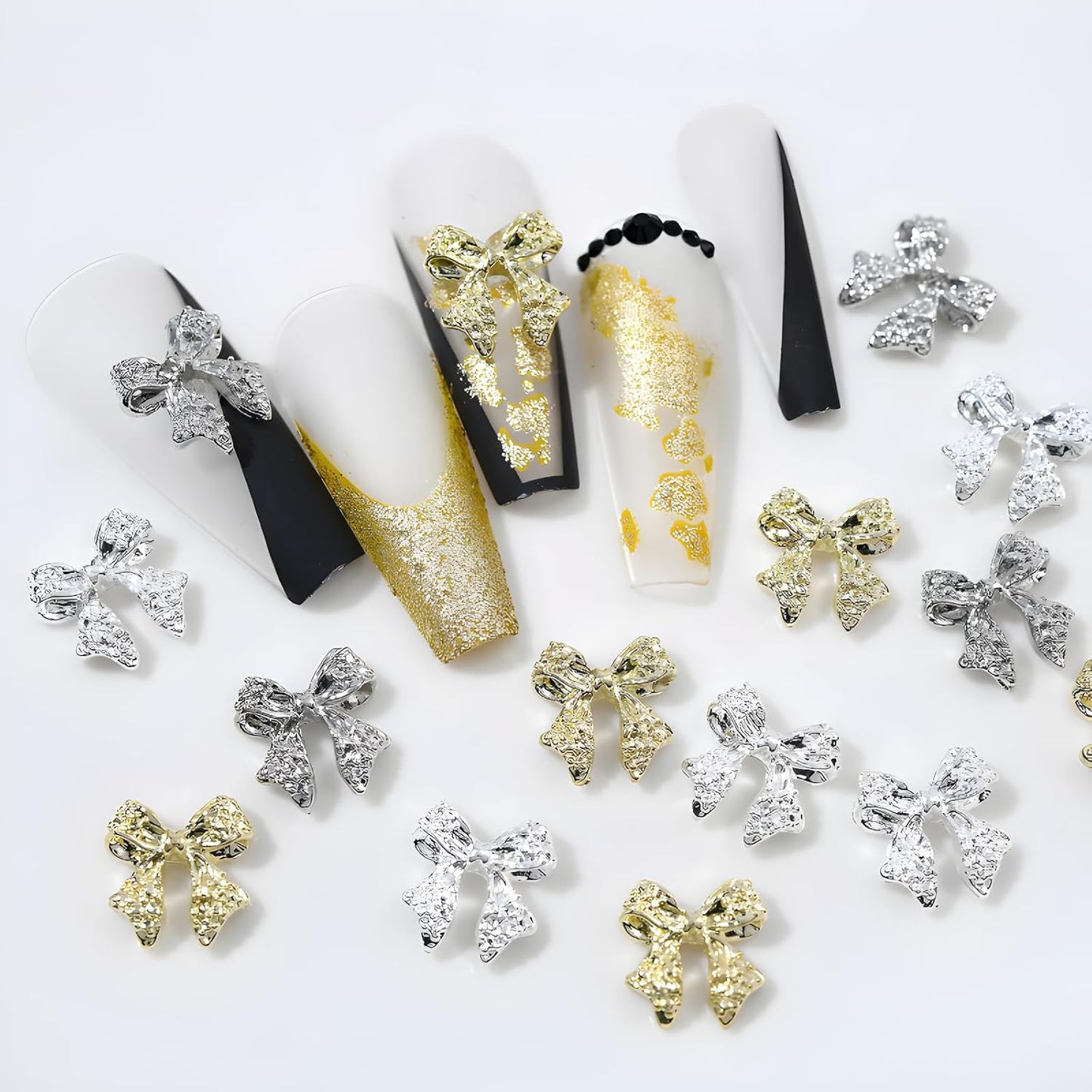36 Pcs Bow Nail Art Charms 3D Alloy Bow Nail Charms Silver Gold Nail Rhinestones for DIY Acrylic Nails Metal Nail Gems for Women and Girls