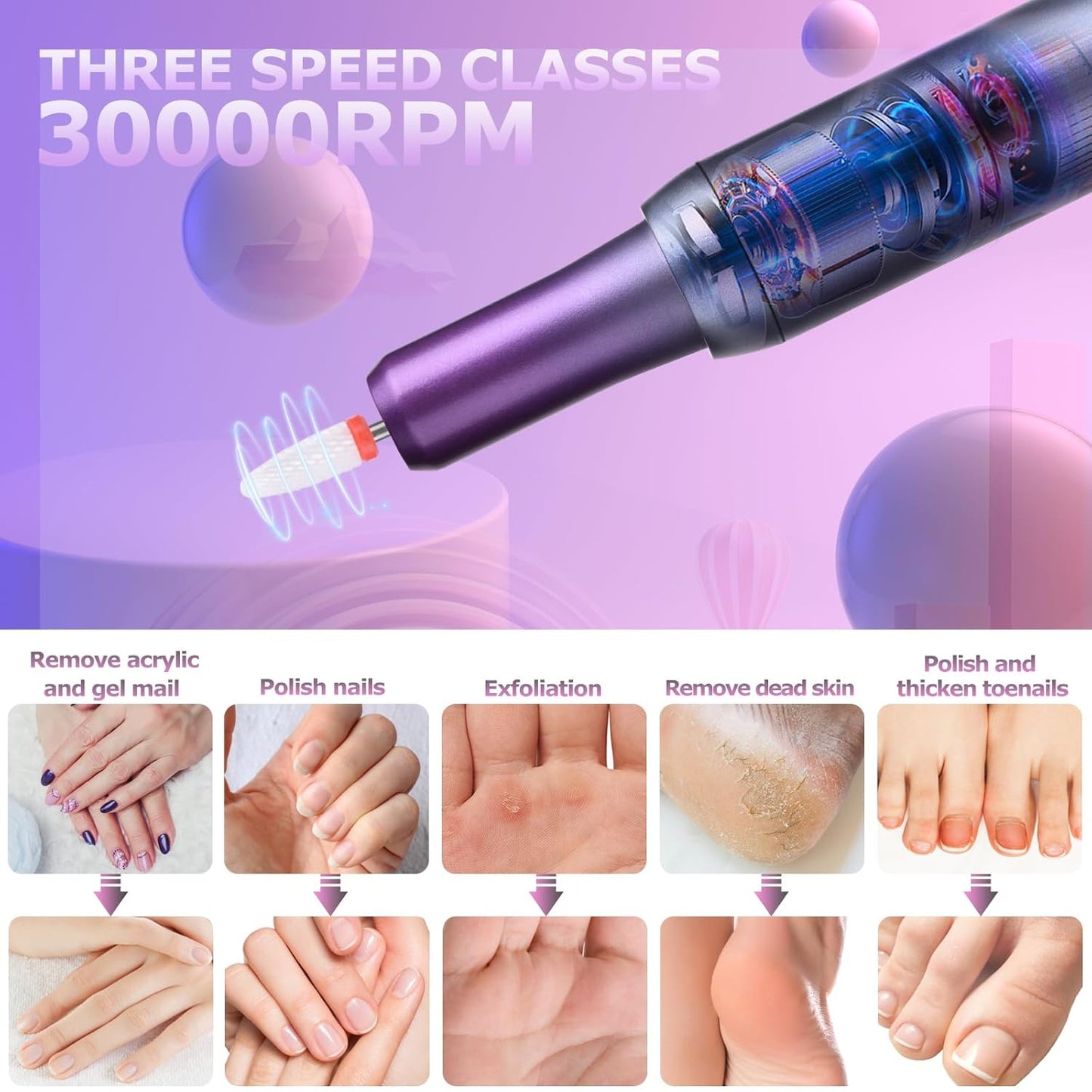 Electric Nail Files Cordless, Professional Nail Drill LCD Display With 12 Bits 30000RPM Rechargeable Manicure Pedicure EFile For Gel Nail Polish Acrylic Nails Thick Toenails Removal,Grey purple