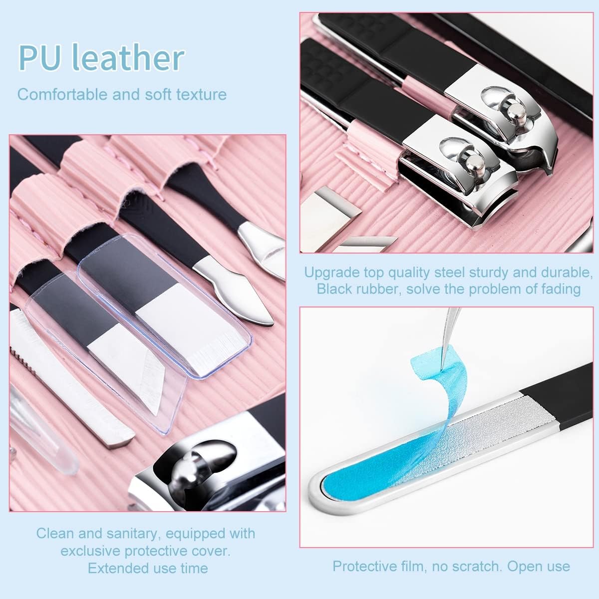 Multifunction Nail Clipper Set Pedicure Cutter Nail File Scissors Kit with Travel Case Stainless Steel Blue Manicure Set Tools (Color : 18pcs-Black)