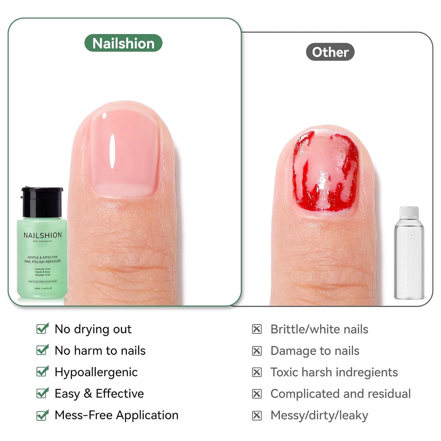 Nail Polish Remover with Aloe Vera, Non-Acetone Fingernail Polish Remover with Easy Push-down Pump, VE Non-Drying 5-10s Effectively to Clear Quick Dry Nail Polishes, 160ml