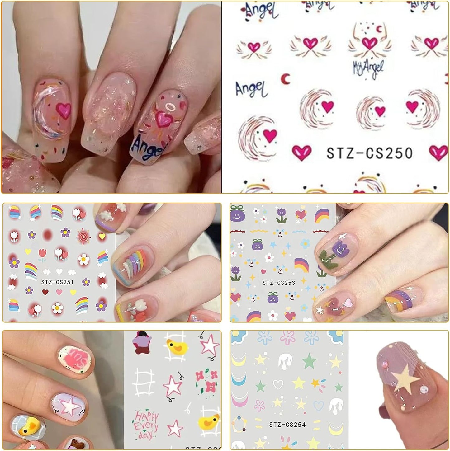 Flower Nail Art Stickers The Moon and The Stars Decals, Adhesive Nail Supplies Accessories 3D Flower Stickers for Women DIY Decoration (5 PS + one Clip)