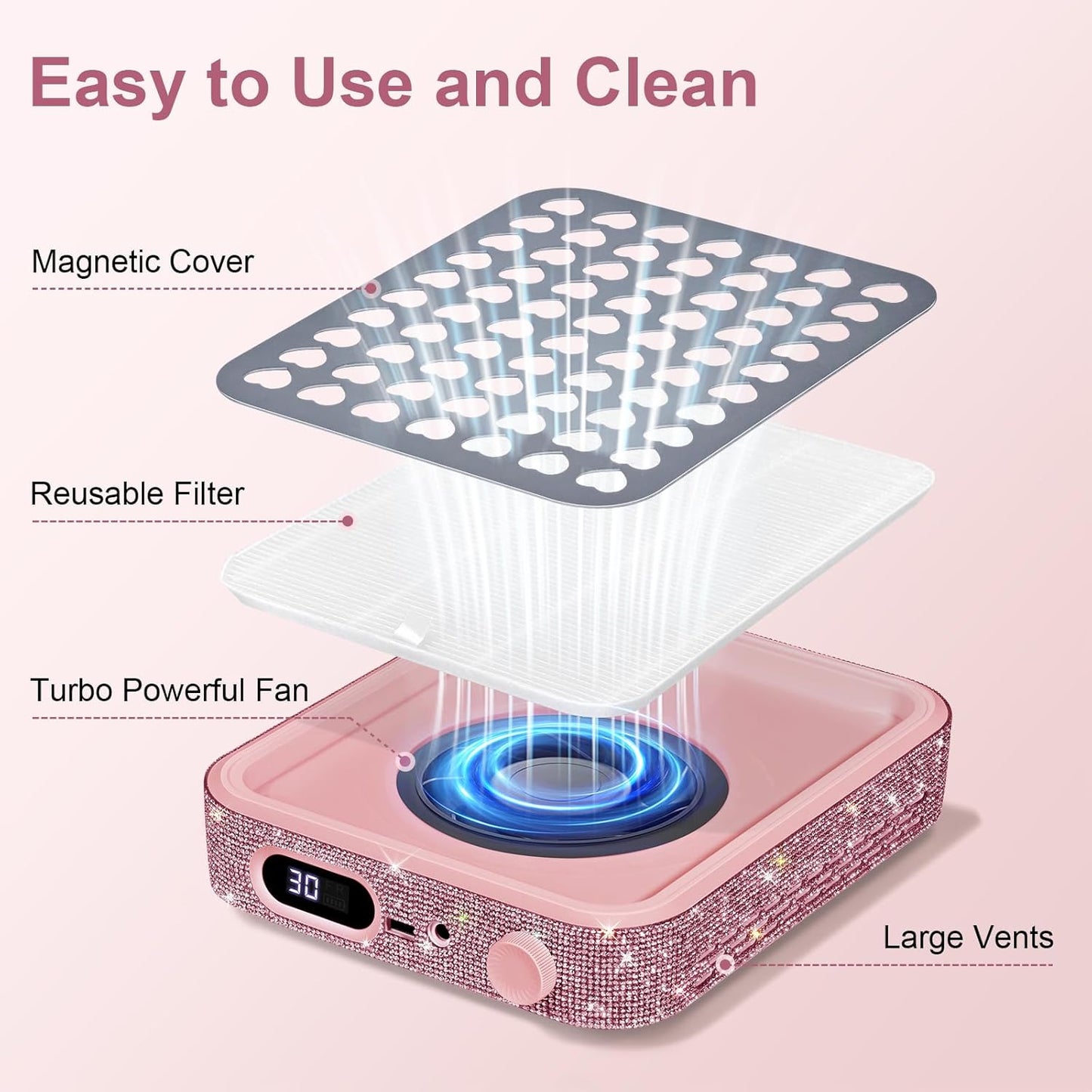 Nail Dust Collector with 2 Reusable Filters,Nail Vacuum Dust Collector Quiet for Nail Tech Art, Powerful Nail Fan and Duster Collector,Nail Vacuum Cleaner for Salon and Home(Pink Diamond)