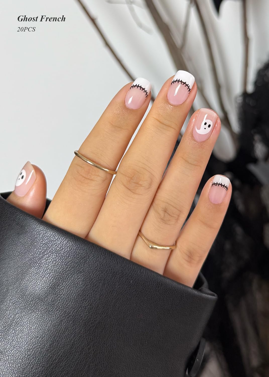 Semi Cured Gel Nail Strips (Ghost French), Halloween, 20 Pcs Gel Nail Wraps, Stickers, Salon Quality, Long Lasting, Works With Any Lamps