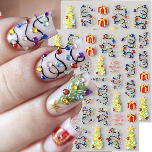 2 Sheets Christmas Nail Stickers for Nail Art Embossed New Year Light Strip Nail Art Stickers 5D Self-Adhesive Xmas Gift Nail Design Supplies Winter Christmas Tree Nail Decals for Women Holiday Decor