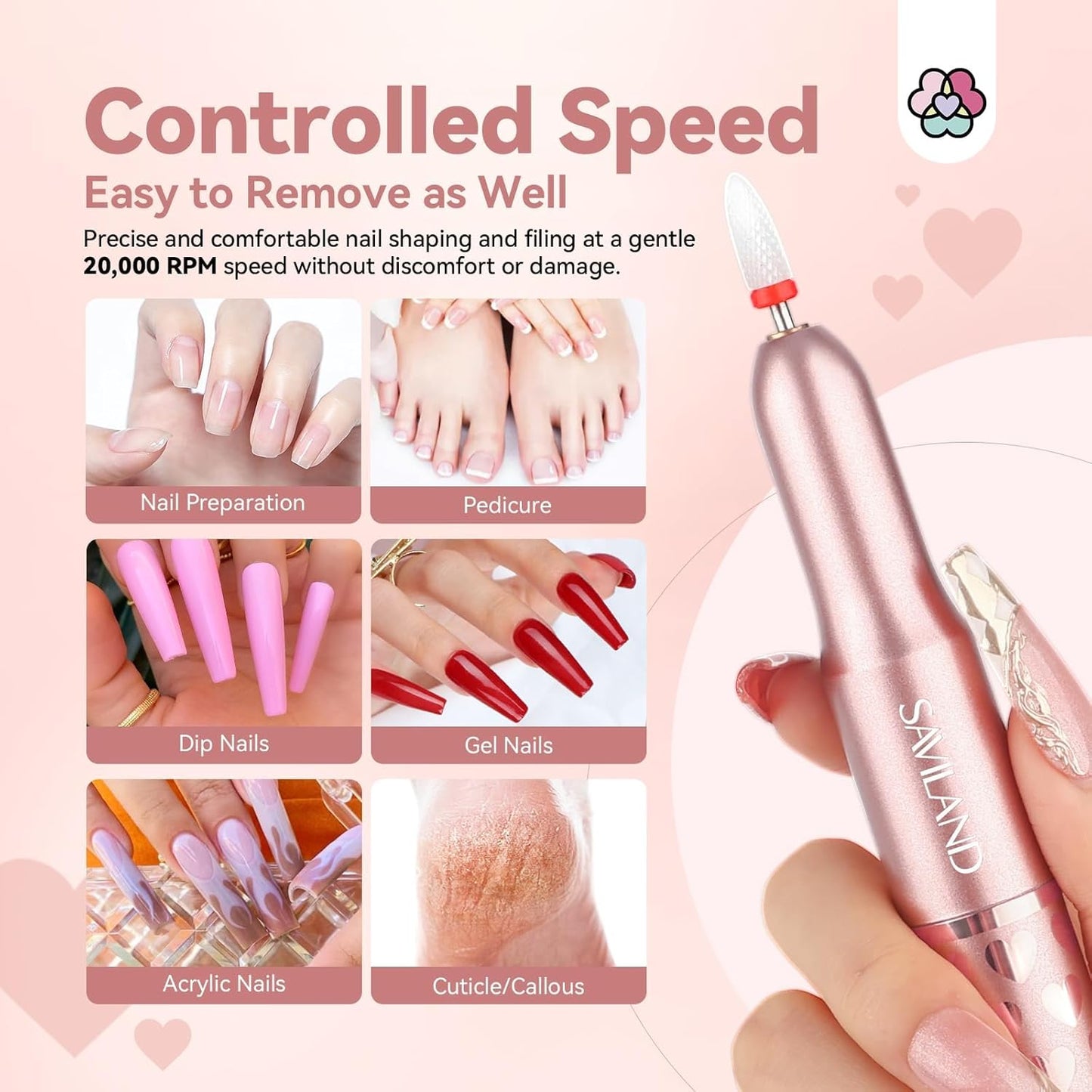 SAVILAND Acrylic Electric Nail Drill : Exclusive Love Series Portable Efile Nail Drill Machine Professional Complete Drill Bits for Remove Acrylic Nails Manicure & Toenails Nail Care Home Salon DIY