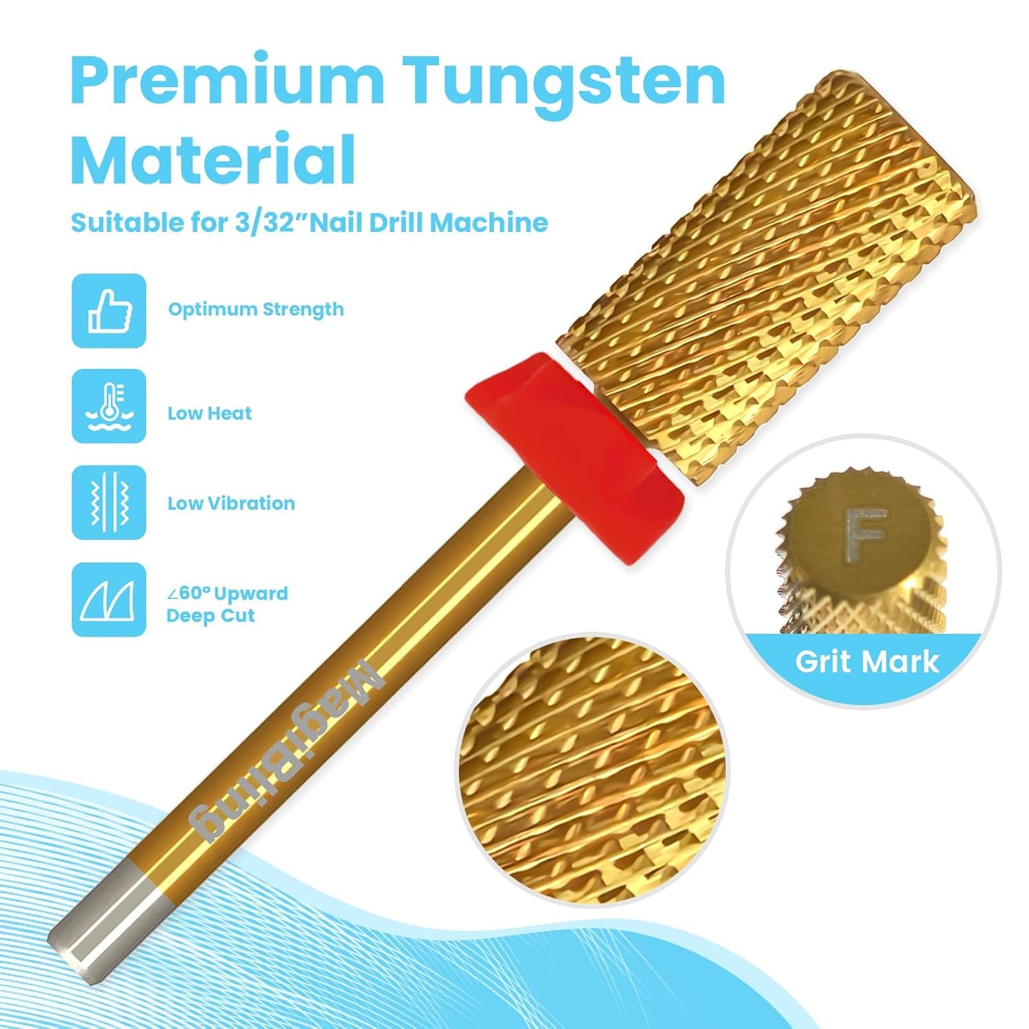 Super Cut Large Barrel Nail Drill Bits, 3/32'' Professional Tungsten Carbide Bits, Remove Hard and Soft Gel Fast, Right Hand Use, Manicure Pedicure Cuticle Gel Polishing, Gold Color, Fine.