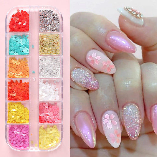 Floral Petals Glitter Nail Art Flakes, Sparkly Flowers Rhinestone Beads Design, 3D Flower Petals Supplies for Women Manicure Charms Decorations, Tips