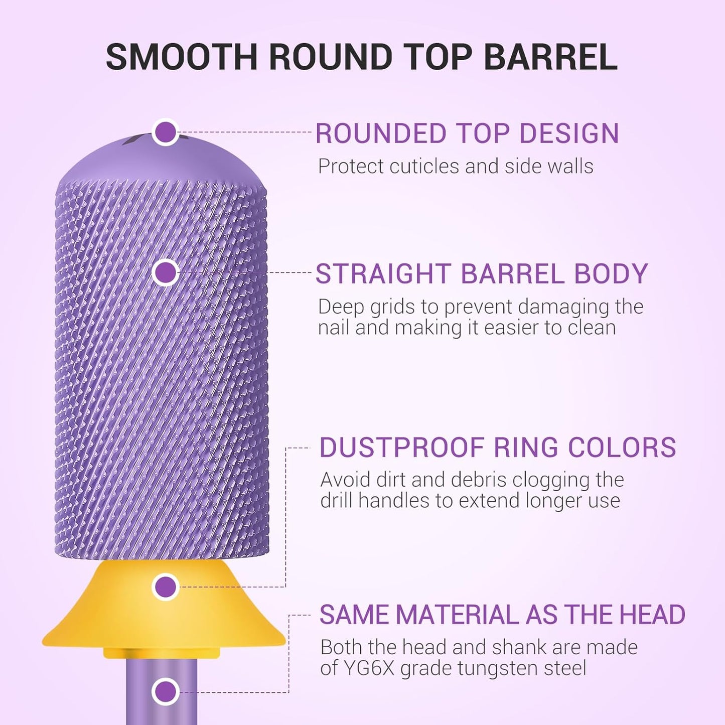 MelodySusie Safety Nail Drill Bits, 3/32'' Smooth Round Top Large Barrel Carbide Bits, Suitable for Manicure Pedicure Cuticle Gel Polishing, Beginners Bits, Purple, Series Bit-S, XF