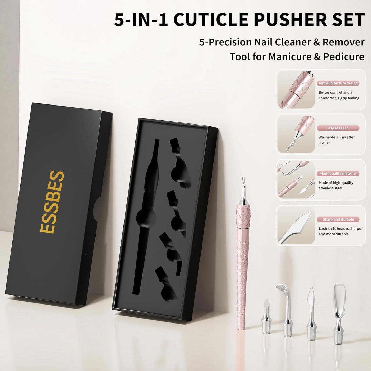 5 in 1 Cuticle Pusher Set with Aluminum Handle Precision Nail Cleaner Remover Tool for Manicure & Pedicure