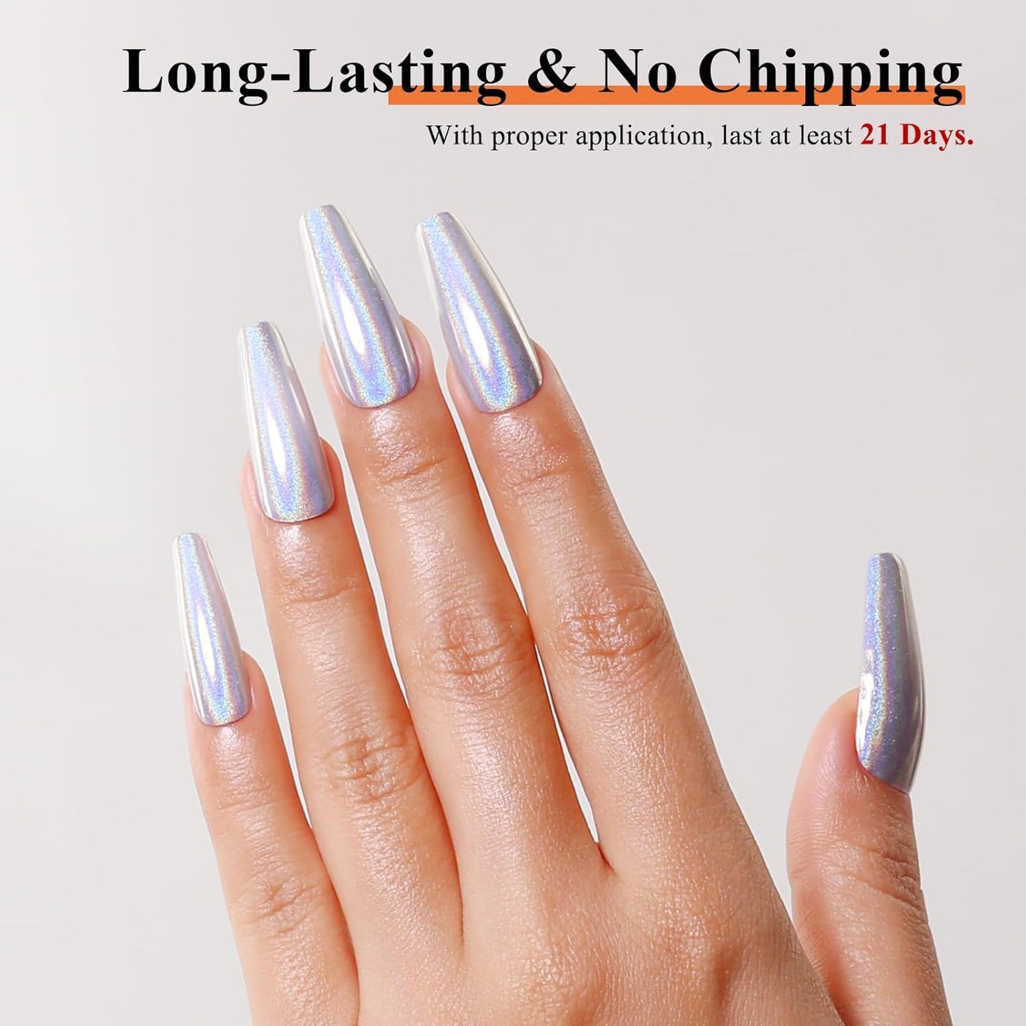 Imtiti Holographic Silver Chrome Nail Powder Kit,1g Holo Iridescent Silver Meatllic Mirror Effect Powder with 10ml White Color Gel Polish Metal Nail UV DIY Kit