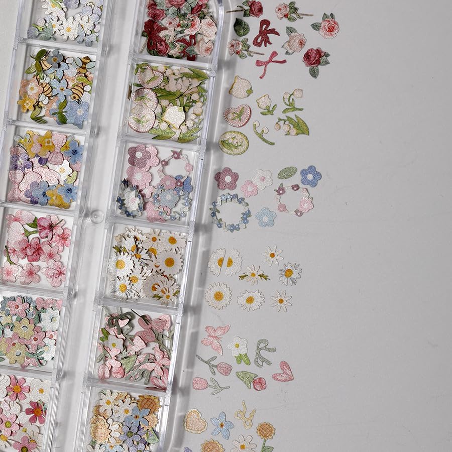 300Pcs 3D Flower Nail Art Charms Sequins Decals Colorful Mixed Flowers Leaves Butterfly Design Slice Nail Flowers Ultra Wood Pulp Flakes Sequins 1