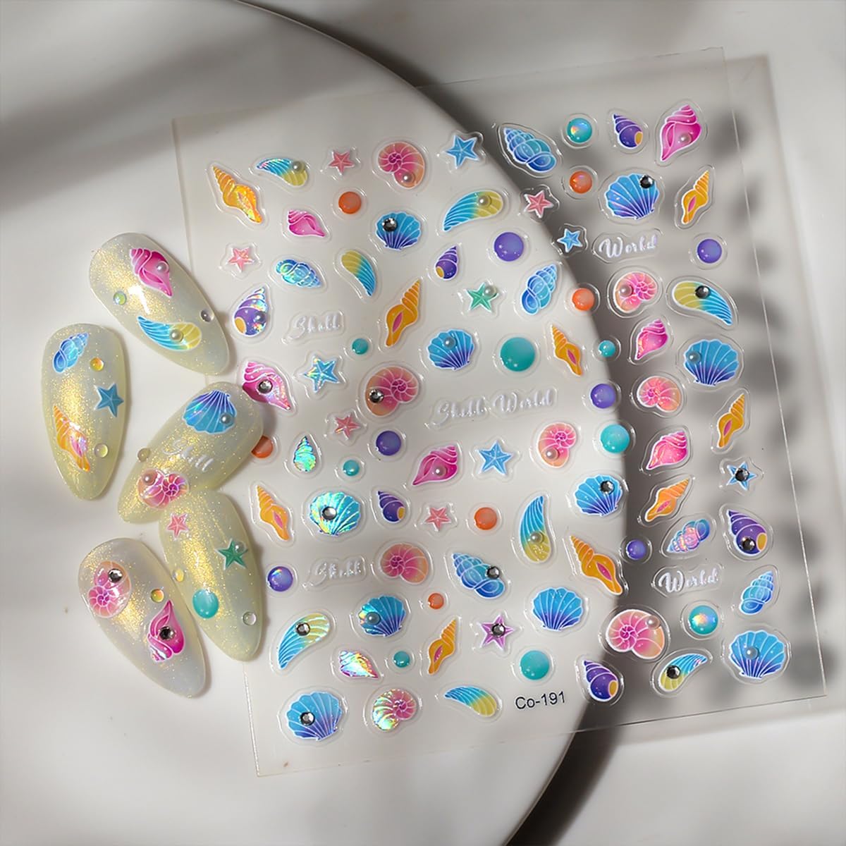 Ocean Nail Art Stickers Summer Nail Art Decals Marine Life Nail Stickers Starfish Seashell Nail Design Stickers with Pearl Rhinestone 5D Embossed Nail Decals Sea Nail Art Supplies for Women Manicure