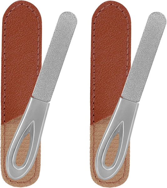 Metal Nail File with Case, 2 Pack Nail Files for Natural Nails, Fingernail Files Diamond Round Tip Stainless Steel Double Sided Fine Grit Sapphire Filer with Sheath Leather Cases Travel Silver Brown
