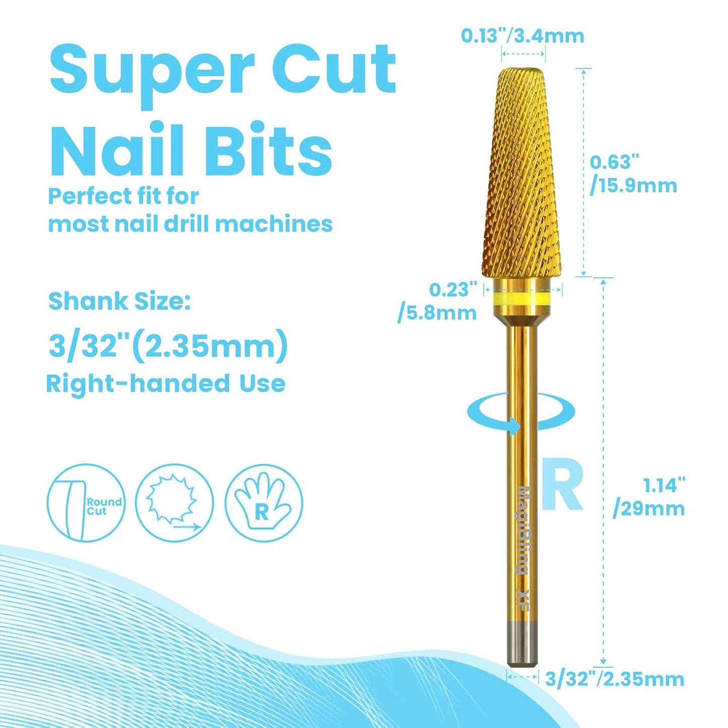 Super Cut 5 In 1 Nail Drill Bits，Tapered 3/32'' Safety Tungsten Bits, Upward Cut for Hard Gel Removal, Right Hand Use, Manicure Cuticle Gel Polishing, Technicians Bits, Gold, Extra Fine.