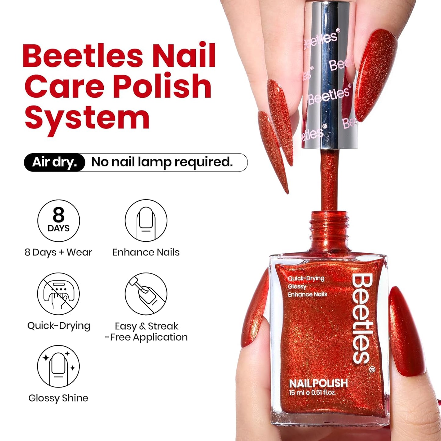 Beetles Red Nail Polish 15ml, Gifts Glitter Bright Orange Gorgeous Quick-Dry Glossy Nail Polish Crimson Heartbeat for Fingernail Toenail Manicure Nail Christmas Salon-Quality Results