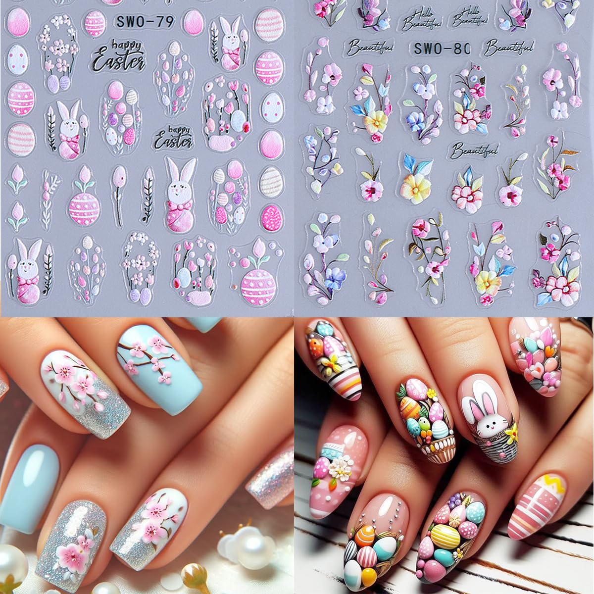 2 Sheets Easter Nail Art Stickers Cute Bunny Nail Decals 5D Relief Rabbits Flowers Eggs Self-Adhesive Nail Design Stickers Acrylic Nail Accessories Supplies for Women Girls Manicure