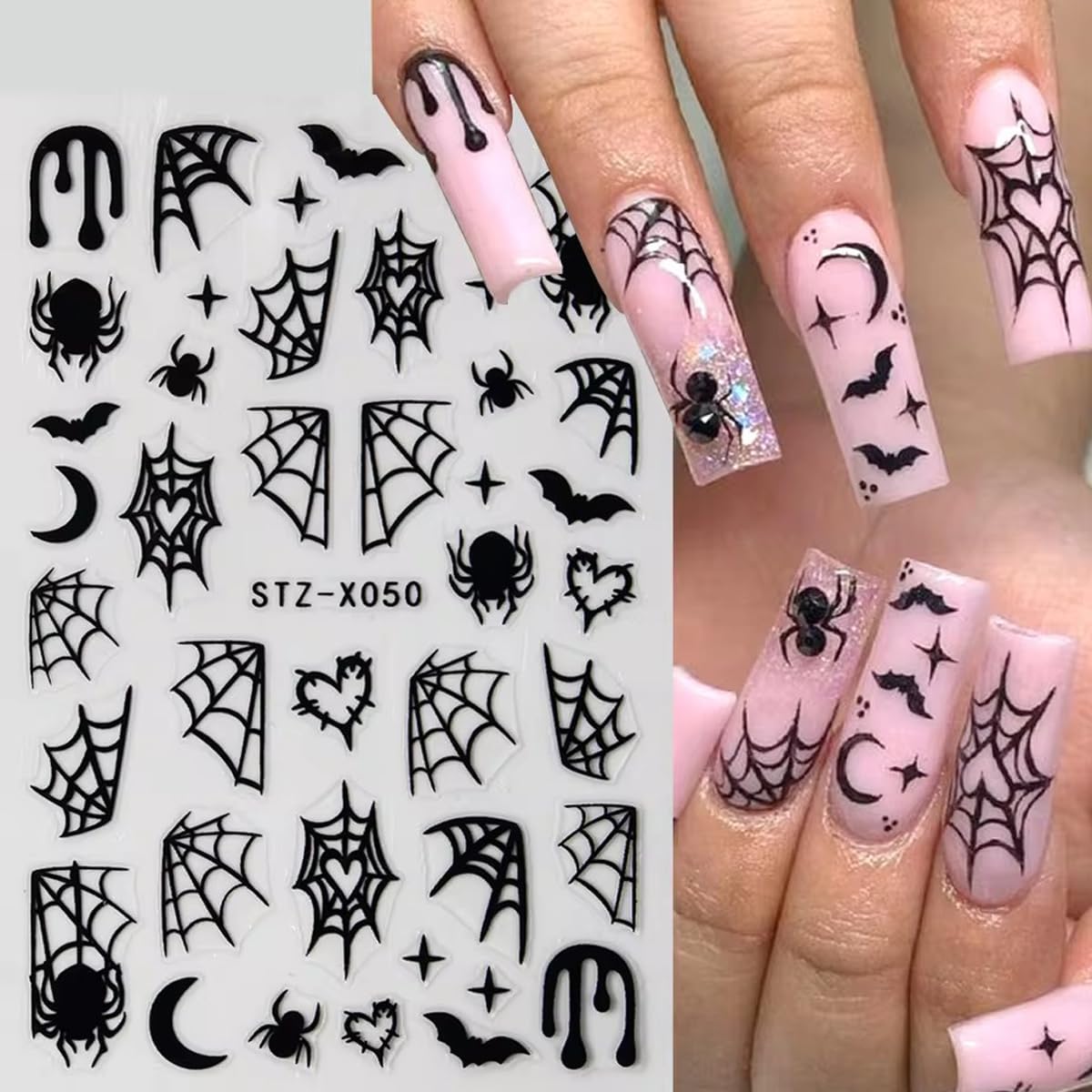 8Sheets Spider Web Nail Stickers, Halloween Decals for Nail Art - Black Stars, Moon, Flame Design - DIY Manicure Charms for Holiday Decoration Accessories